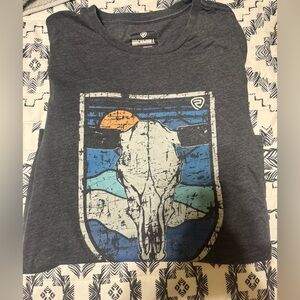 Rock & Roll Cowgirl Charcoal Graphic Short Sleeve Tee with Skull and Sunset